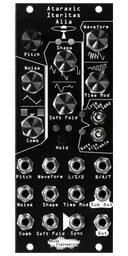 Ataraxic Iteritas Alia module in black with UFO icon. 7 knobs on top, two switches on the right, and jacks on the bottom.  Oscillator platform in 10HP | Noise Engineering