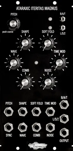 Black 5u oscillator module with minimalist art and large knobs on the top and jacks on the bottom. | Ataraxic Iteritas Magnus by Noise Engineering