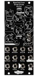 Basimilus Iteritas Alia 10HP universal percussion synth in black. 7 knobs on top with two switches below and jacks on bottom. A drum icon near the top.  | Noise Engineering