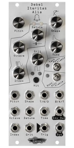 Debel Iteritas Alia 10HP additive phase-modulation voice in silver. 7 knobs on top with two switches below and jacks on bottom. A bell icon near the top. | Noise Engineering