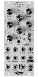 Debel Iteritas Alia 10HP additive phase-modulation voice in silver. 7 knobs on top with two switches below and jacks on bottom. A bell icon near the top. | Noise Engineering