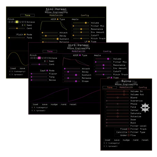 Ruina Tone page in Red. Set Volumes, wet/dry blend, and distortion levels here. Sinc Vereor synth plugin Tone page in yellow. Configure tonal parameters for the synth here. Virt Vereor Tone page in Purple. Configure tonal parameters for the synth here. | Noise Engineering