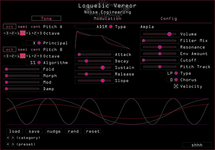 Loquelic Vereor in Pink. The tone page shows the main parameters that set the timbre of the synth. Presets are also controlled here. The Modulation page shows modulation and routing parameters for LFO1. The Configuration page lets you load scala files, set the tuning, polyphony, and bend range, update your graphics preferences (color and fire), and get help and manuals. | Noise Engineering