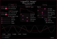 Loquelic Vereor in Pink. The tone page shows the main parameters that set the timbre of the synth. Presets are also controlled here. The Modulation page shows modulation and routing parameters for LFO1. The Configuration page lets you load scala files, set the tuning, polyphony, and bend range, update your graphics preferences (color and fire), and get help and manuals. | Noise Engineering