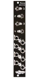 Muta Jovis quad mute black Eurorack module with stylized industrial art connecting four switches and LEDs at top and jacks at the bottom. | Noise Engineering