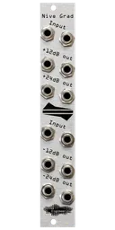 Nive Grad level shifter in silver. The top half has two input jacks with two +12 and two +24 dB outputs. The bottom has two input jacks and two -12 and two -24 dB outputs. | Noise Engineering