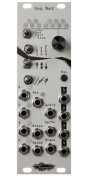 Opp Ned arpeggiator in 8HP with silver panel. 12 LEDs arranged like a piano at top. Below that, 4 switches in one column, and an encoder and button in another. 14 jacks and 5 LEDs at bottom. | Noise Engineering