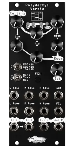 Polydactyl Versio in black Eurorack compressor module with knobs at top and jacks at bottom. | Noise Engineering