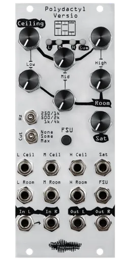 Polydactyl Versio in silver Eurorack compressor module with knobs at top and jacks at bottom. | Noise Engineering