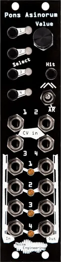 Pons Asinorum Eurorack module in black with buttons and knob at top and jacks at bottom | Noise Engineering