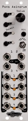 Pons Asinorum Eurorack module in silver with buttons and knob at top and jacks at bottom | Noise Engineering
