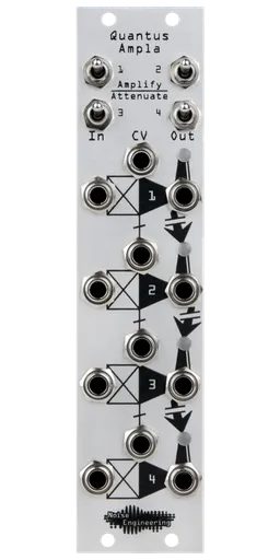 Quantus Ampla silver VCA Eurorack module with amplify/attenuate switches at top and jacks on bottom | Noise Engineering