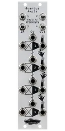 Quantus Ampla silver VCA Eurorack module with amplify/attenuate switches at top and jacks on bottom | Noise Engineering
