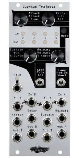 Quantus Trajecta Polyphonic envelopes made simple in 10HP silver Eurorack module with knobs and LEDs on top and jacks on bottom plus two switches and a hold button | Noise Engineering