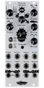 Ruina Versio distortion silver Eurorack module with an ominous eyeball icon, with knobs and switches on the top and jacks on the bottom. | Noise Engineering