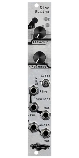 Sinc Bucina resonant lowpass gate silver Eurorack module with industrial art with two knobs, LEDs, and a switch at top and jacks at bottom | Noise Engineering