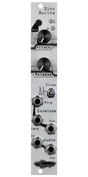 Sinc Bucina resonant lowpass gate silver Eurorack module with industrial art with two knobs, LEDs, and a switch at top and jacks at bottom | Noise Engineering