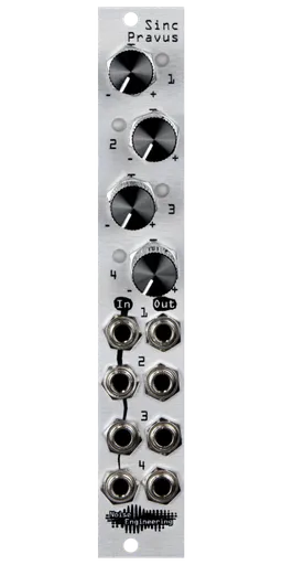 Sinc Pravus 4hp offset and mult in silver with knobs and LEDs at top and jacks at bottom | Noise Engineering