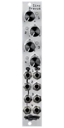 Sinc Pravus 4hp offset and mult in silver with knobs and LEDs at top and jacks at bottom | Noise Engineering