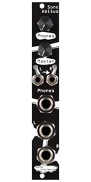 Sono Abitus balanced TRS output Eurorack module in black with stylized art, with two knobs and LEDs at top and 1/8 inch and 1/4 inch jacks at bottom | Noise Engineering