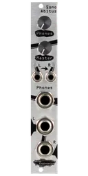 Sono Abitus balanced TRS output Eurorack module in silver with stylized art, with two knobs and LEDs at top and 1/8 inch and 1/4 inch jacks at bottom | Noise Engineering