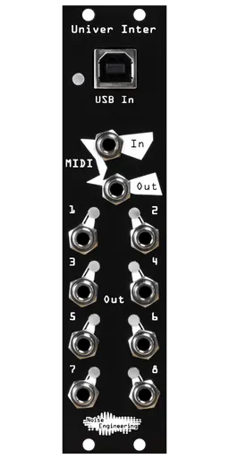 Univer Inter MIDI-to-CV module in black with USB B at top, MIDI TRS in and out below, and 8 outputs in 6HP. | Noise Engineering