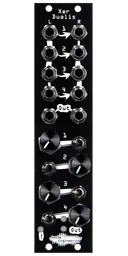 Xer Dualis 4-channel mixer with mutes and clip LED in 6 HP in black. Switches and knobs are on the bottom with jacks on top | Noise Engineering