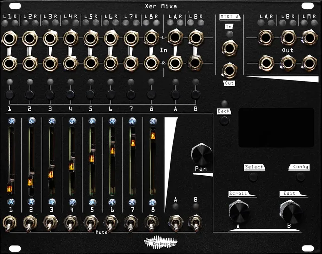 Xer Mixa 32HP mixer in black: 14 stereo pairs of jacks run across the top along with pairs of LEDs. Below that are momentaries for channel select, sliders for volume, switch mutes, and to the right, encoders and mometaries to control the screen | Noise Engineering