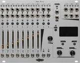 Xer Mixa 32HP mixer in silver: 14 stereo pairs of jacks run across the top along with pairs of LEDs. Below that are momentaries for channel select, sliders for volume, switch mutes, and to the right, encoders and mometaries to control the screen | Noise Engineering