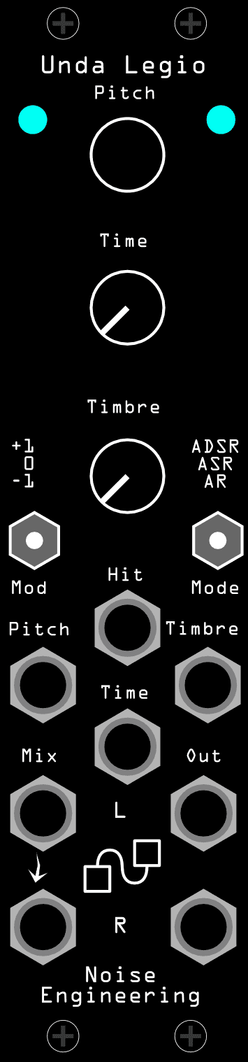 The Unda Legio panel: Pitch, Time and Timbre knobs down the centre, Mod and Mode switches below them, and the Hit, In L/R and Out L/R jacks
