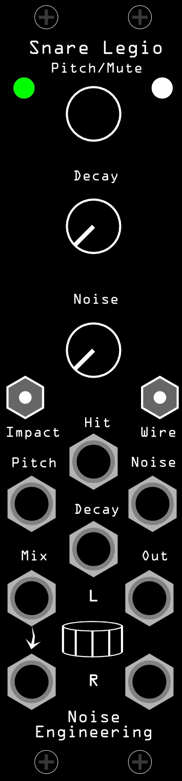 The Snare Legio panel: Pitch, Decay and Noise knobs down the centre, Impact and Wire switches below them, and the Hit, Mix L/R and Out L/R jacks