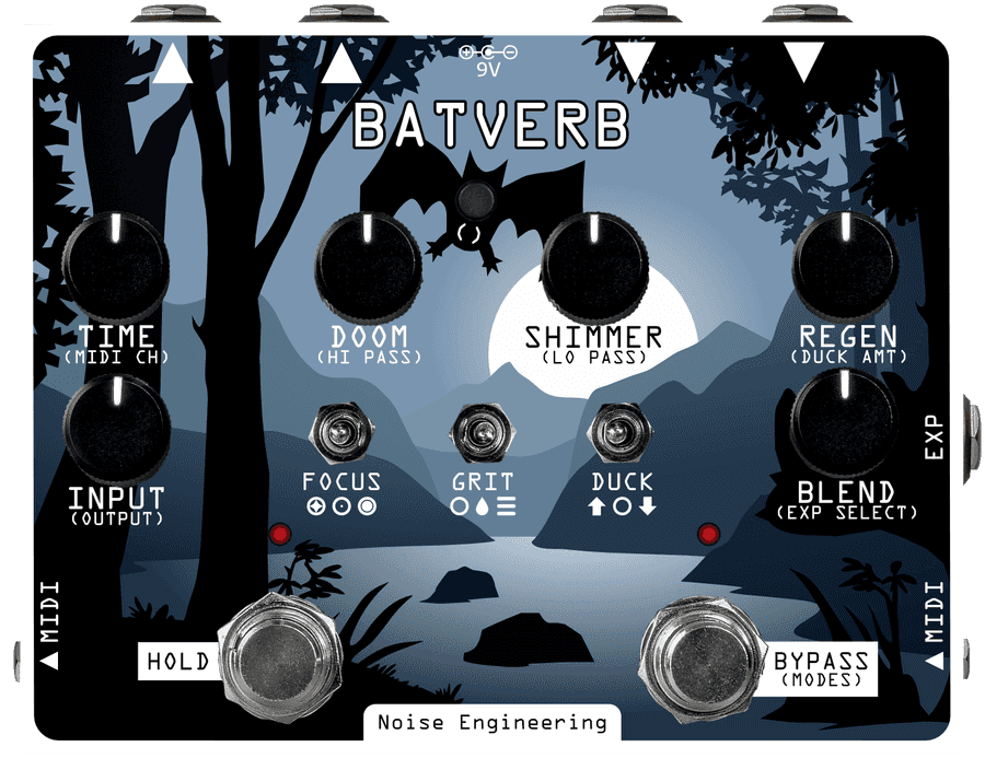 The Batverb pedal: Time, Doom, Shimmer and Regen knobs across the top with Input and Blend below them, Focus, Grit and Duck switches in the middle, and the Hold and Bypass footswitches at the bottom