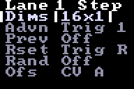 The Step tab of a lane's config, showing the Dims, Advn, Prev, Rset, Rand and Ofs settings