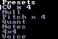 The preset screen, listing the factory and user presets
