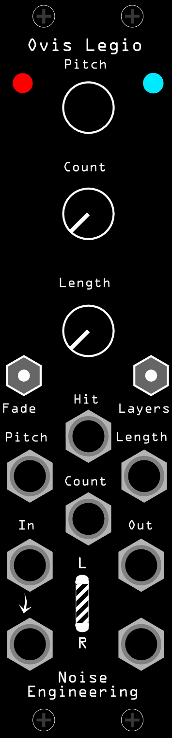 The Ovis Legio panel: Pitch, Count and Length knobs down the centre, the Fade switch and Layers control below them, and the Hit, In L/R and Out L/R jacks