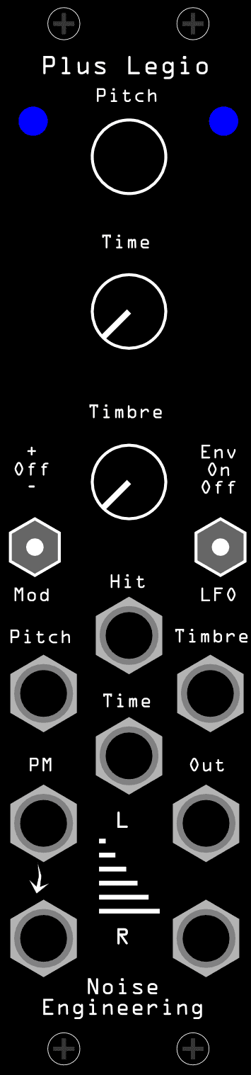 The Plus Legio panel: Pitch, Time and Timbre knobs down the centre, Mod and LFO switches below them, and the Hit, PM L/R and Out L/R jacks