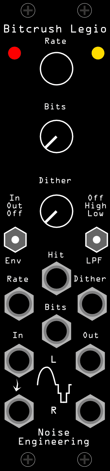 The Bitcrush Legio panel: Rate, Bits and Dither knobs down the centre, Env and LPF switches below them, and the Hit, Rate, Bits, Dither, In and Out jacks