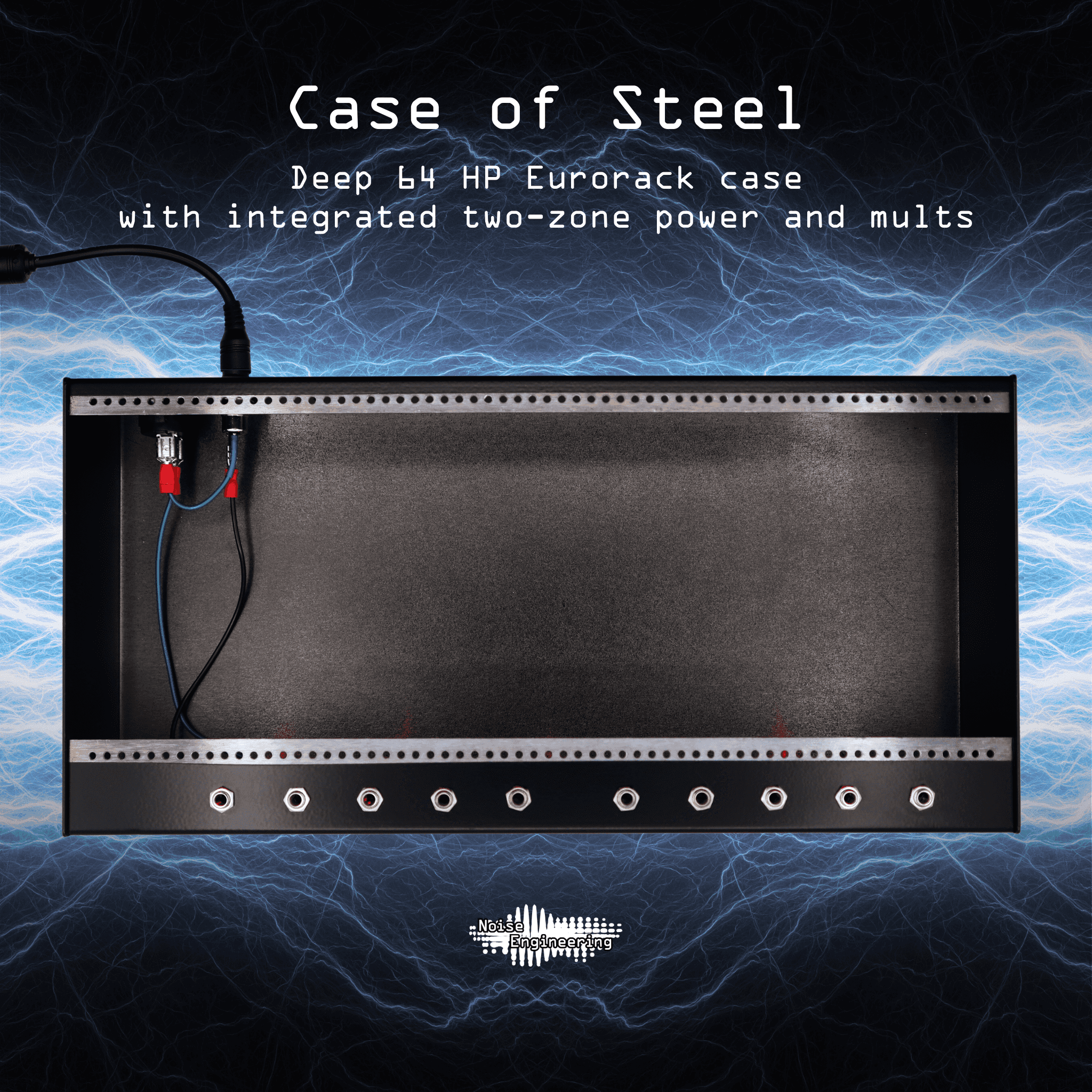 64HP steel case on blue lightning background