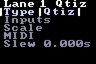 A lane's config screen with its output set to the external-CV quantizer